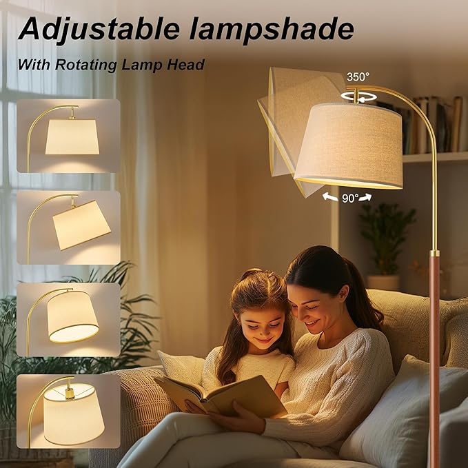 62.5" Wood Floor Lamp for Living Room Gold with Foot Switch Arc Standing Tall Lamps for Bedroom Mid Century Modern Corner Floor Lamps for Office Nursery Industrial Reading Light Room Lamp