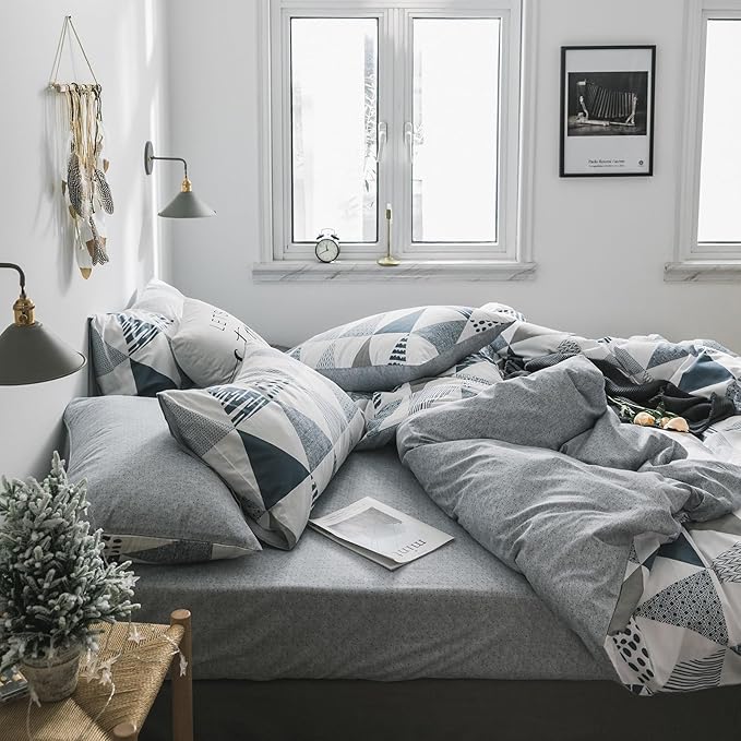 mixinni Full Comforter Sets Men Modern Style Gray Blue Triangle Bedding for Boys Teen Gilrs Geometric Comforter Bed Fluffy-Full Size