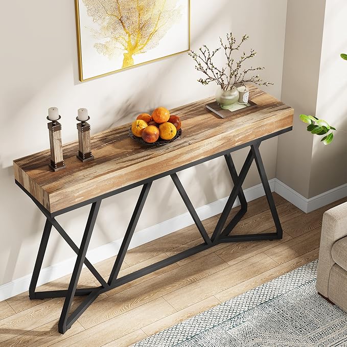 Tribesigns 55 Inches Console Table, Farmhouse Sofa Table Wood Entryway Table with Unique Metal Base, Behind The Couch Table Foyer Table, Industrial Accent Table for Hallway, Living Room, Entrance