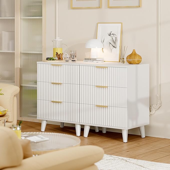 Lulive Wood 3 Drawers Dresser Fluted Night Stand with Charging Station, White Storage Nightstand Modern Side Table, Bedside Table for Bedroom, Entryway White