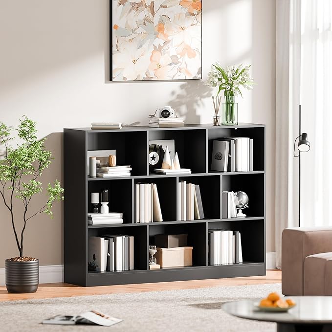 Cozy Castle Black Bookshelf, 3-Tier Open Shelf Bookcase, 10 Cube Storage Organizer with Anti-Tilt Device for Bedroom, Living Room, 55.11" W x 11.61“D x 40.94“H