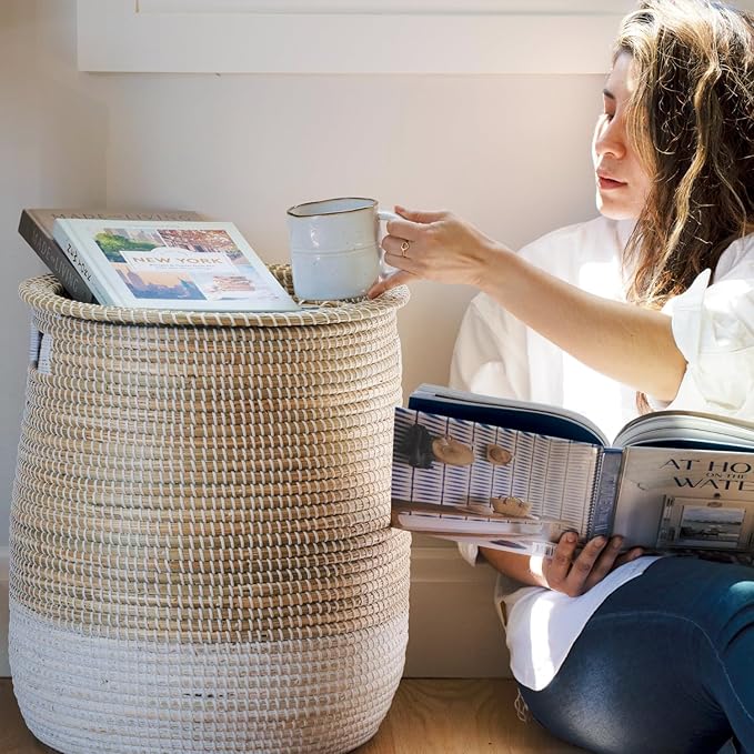 2 Pack Laundry Baskets Hamper with Removable Laundry Bag, Pure Handwoven Storage Basket, Natural Seagrass Decorative Clothes Hamper for Living Room household, Toy Blanket Plant Organization