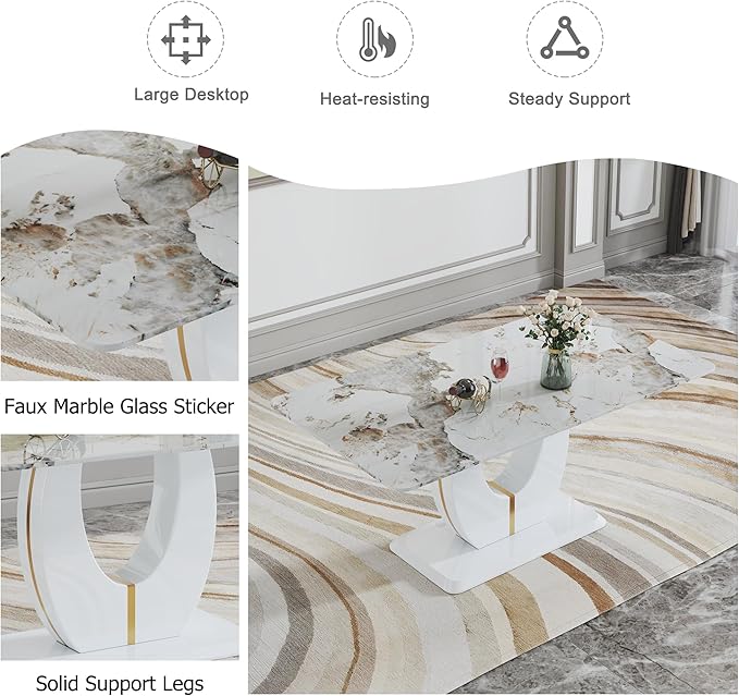 Dining Set for 6 - 71'' Faux Marble Table With PU Leather Upholstered Chairs for Kitchen and Dining Room (White-Golden)