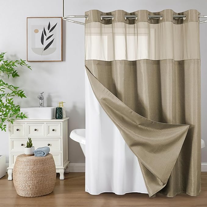 Colorful Star No Hook Waffle Shower Curtain with Snap in Fabric, Waterproof Shower Curtains with See Through Top Window, Hotel Luxury Heavy Duty Bathroom Curtain and Liner Set, 72'' x 75'', Beige