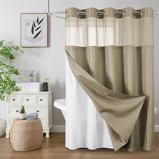 Colorful Star No Hook Waffle Shower Curtain with Snap in Fabric, Waterproof Shower Curtains with See Through Top Window, Hotel Luxury Heavy Duty Bathroom Curtain and Liner Set, 72'' x 75'', Beige