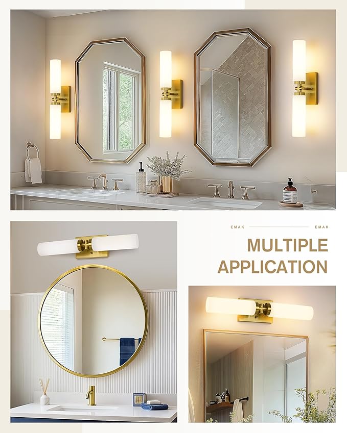 Emak 21 Inch Brushed Gold Bathroom Light Fixtures, 2-Light Vanity Lights with Milk Glass Shade, Modern Wall Sconce for Bathroom, Mirror, VL086-BGD-ML-2