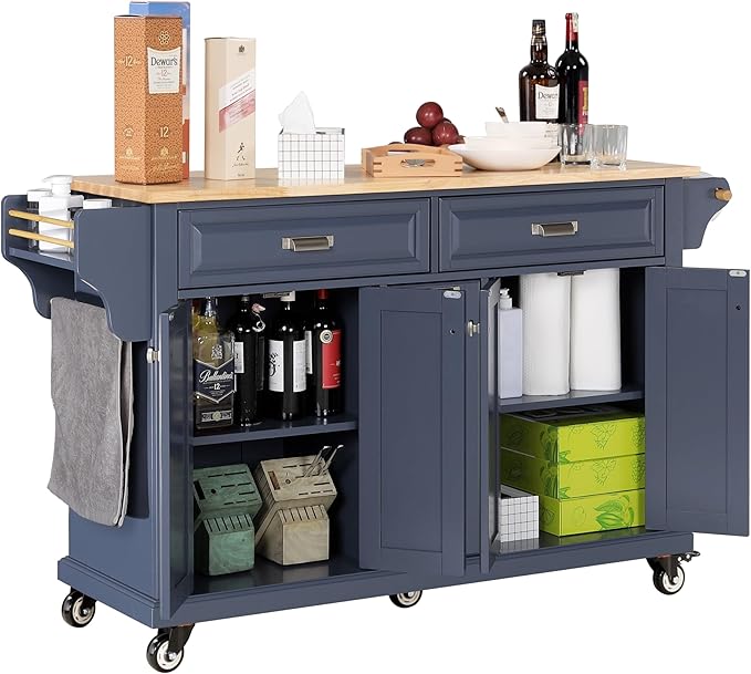 Rolling Solid Wood Kitchen Island with Rubberwood Top, 3 Drawers, 2 Cabinets, Adjustable Shelves, Spice Rack & Locking Wheels – Painted Finish, Navy Blue