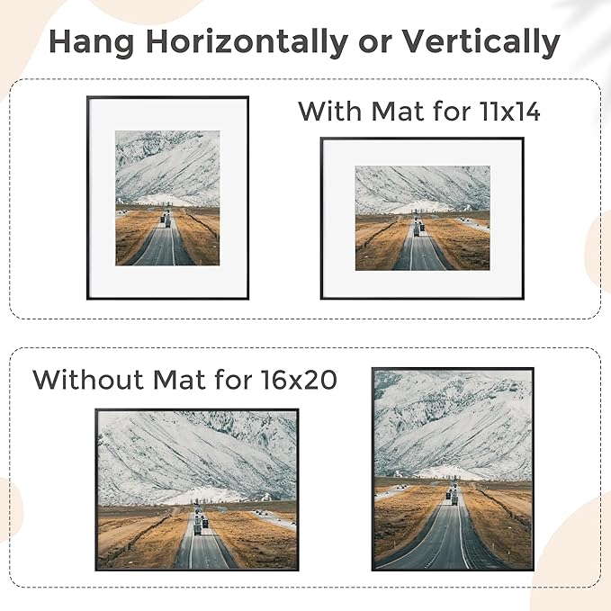 16x20 Metal Picture Frame For Wall With Mat For 11x14, 16''x20'' Aluminum Photo Frames With Tempered Glass, Minimalist Modern Poster Frame Horizontally Vertically Set of 3, Black