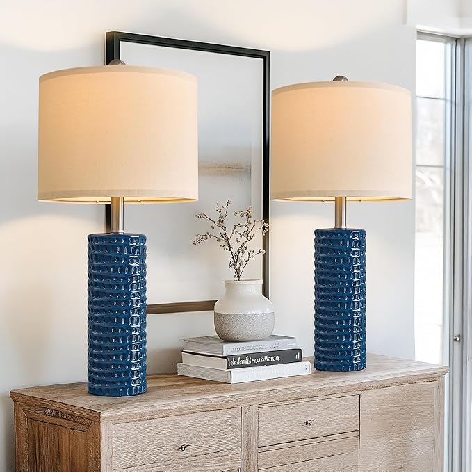 PORTRES 24.75" Modern Accent Ceramic Table Lamp Set of 2 for Bedroom Desk Decor Bedside Lamps for Living Room Study Room Office Dorm Farmhouse Nightstand Lamp End Table Lamps (Blue)