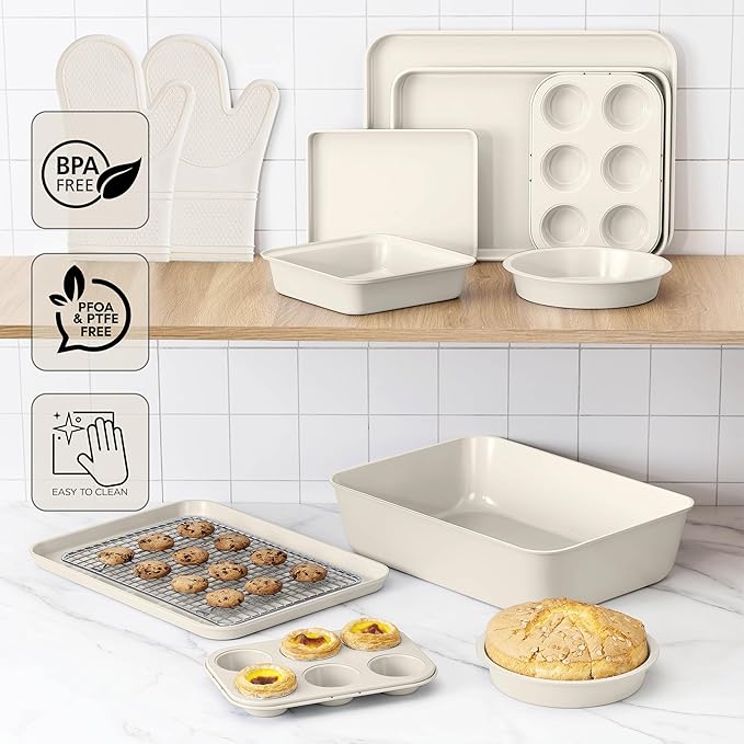 Country Kitchen Nonstick Stackable Bakeware Set - Durable, Easy Release Baking Set, Cream, 13 Pcs