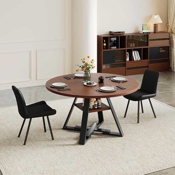 45.3" Walnut Round Dining Table Set with 2 Chairs – Mid-Century Modern Small-Space Kitchen & Dining Room Furniture for Apartment or Breakfast Nook (Boxwood – Storage Table + 2 Black Chairs)