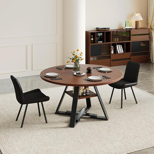 45.3" Walnut Round Dining Table Set with 2 Chairs – Mid-Century Modern Small-Space Kitchen & Dining Room Furniture for Apartment or Breakfast Nook (Boxwood – Storage Table + 2 Black Chairs)