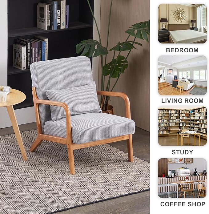 IKIFLY Upholstered Accent Chair Set of 2, Mid Century Modern Living Room Chair with Solid Wood Frame, Reading Arm Chair with Pillow & Lumbar Cushion for Office, Reading Room, Bedroom - Light Grey
