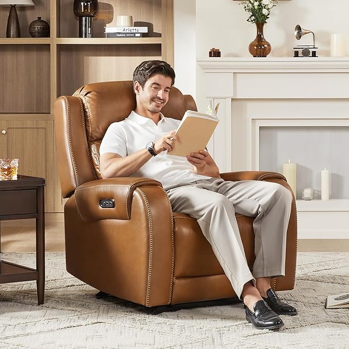 CHITA Genuine Leather Power Recliner Chair for Adults, Electric Wall Hugger Recliner with Adjustable Power Headrest & USB/Type-C Ports, Compact for Small Spaces & Living Rooms, Saddle Brown