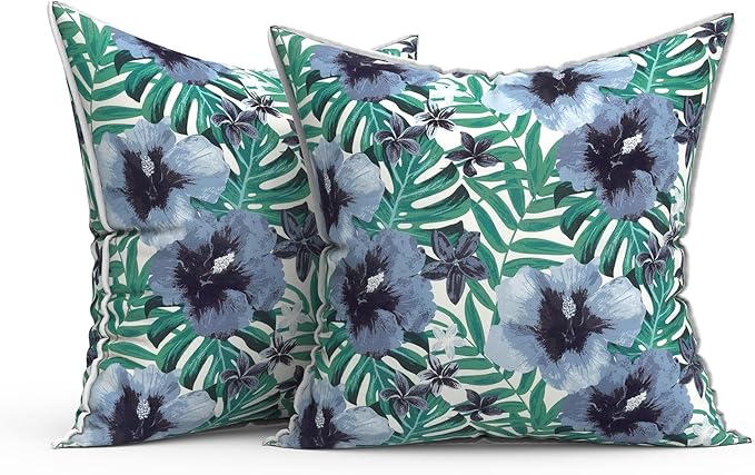 Outdoor Throw Pillow Covers Pack of 2, Decorative Water Repellent Square Pillow Cases 18x18 Inch, Patio Pillowcases for Home Patio Furniture Use, Blue Salmone Tropical