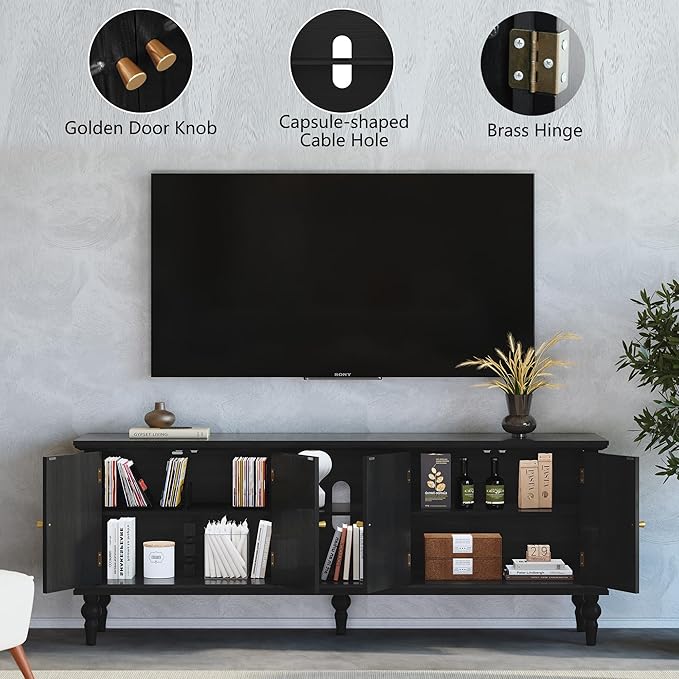 3More 67" Mid Century Modern TV Stand with Window Design,Wood Entertainment Center with Open Shelf,Up to 70" Media TV for Living Room or Bedroom,Black