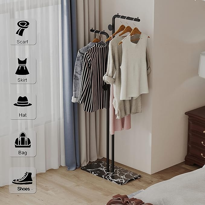 Double-pole Coat Rack Freestanding, Modern Metal Coat Racks Hanger Stand with 5 Hooks and Natural Marble Base, for Bedroom, Office, Hallway, Entryway, Living Room, Black