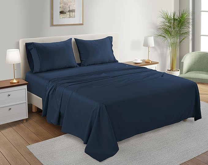 100% Organic Cotton Sheets Queen Size Set, 300 TC Deep Pocket Queen Sheets Set, Soft Breathable Sateen Weave 4 PC Elasticated Sheet & Pillowcase Sets, No Pill & Shrink, Fade Resistant- navy