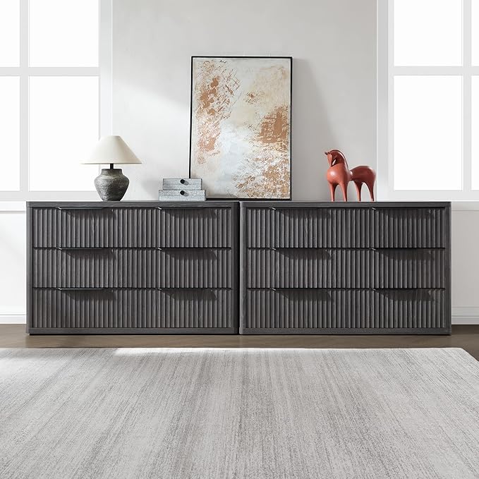 SICOTAS Dresser for Bedroom 6 Drawer Dressers & Chests of Drawers for Closet Long Large Modern TV Stand Set for Clothes Storage Fluted Wide Clothes Closet for Hallway Entryway, Dark Grey Alder