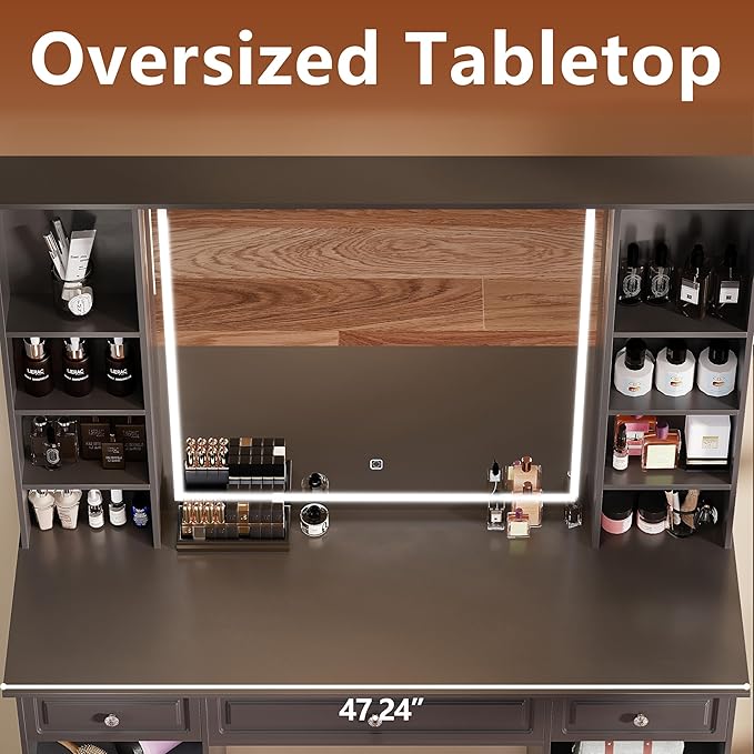 Black Vanity Desk with Lighted Mirror, Large Storage Makeup Vanity with 9 Drawers, Makeup Dressing Table with Crystal Ball Knobs for Bedroom