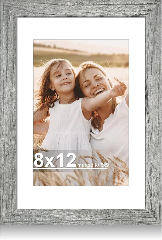 8x12 Picture Frame with Glass, Display Pictures 6x9 with Mat or 8 x 12 without Mat - Wall and Tabletop, 8 by 12 Photo Wooden Frames (Grey, 1 Pack)