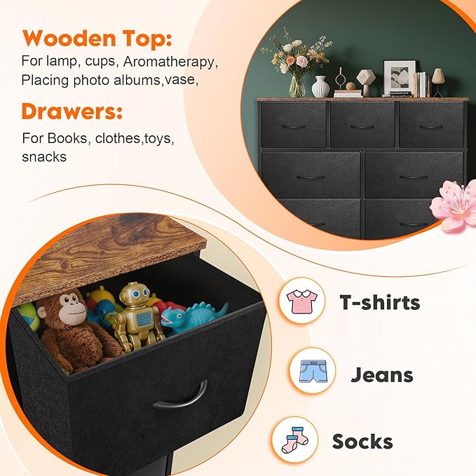 Dresser for Bedroom with 7 Drawers, Chest of Drawers, Storage Drawers Organizer Unit, Black Wide Fabric Dresser with Fabric Bins for Closet, Living Room, Entryway (Black and Rustic Brown)