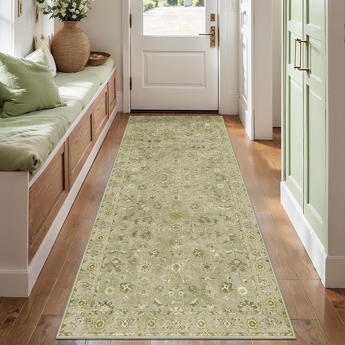 Tangsoo 2x5 Washable Runner Rug for Hallways, Non Slip Floral Vintage Runner Rugs, Soft Low Pile Long Rug, Print Distressed Green Carpet Runners for Kitchen Bedroom Entryway Bathroom Living Room