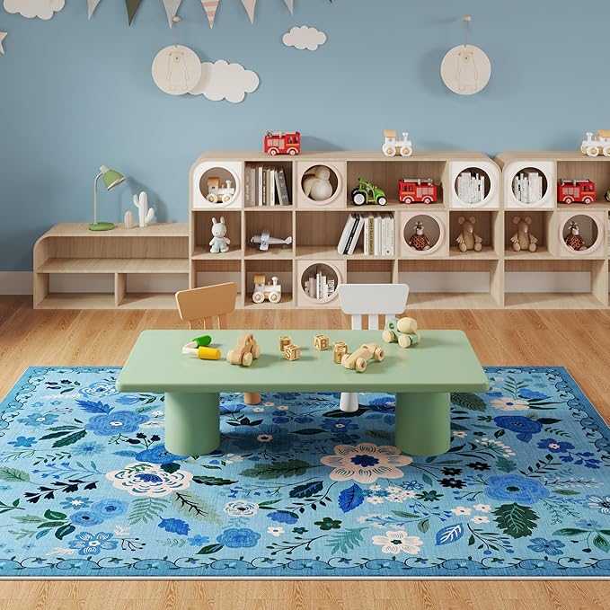 Living Room Rug 6x9 Rug Machine Washable Boho Area Rug Non Slip Floral Vintage Low Pile Large Rug for Living Room, Bedroom, Farmhouse, Dining Room, Kids Playroom(Blue)