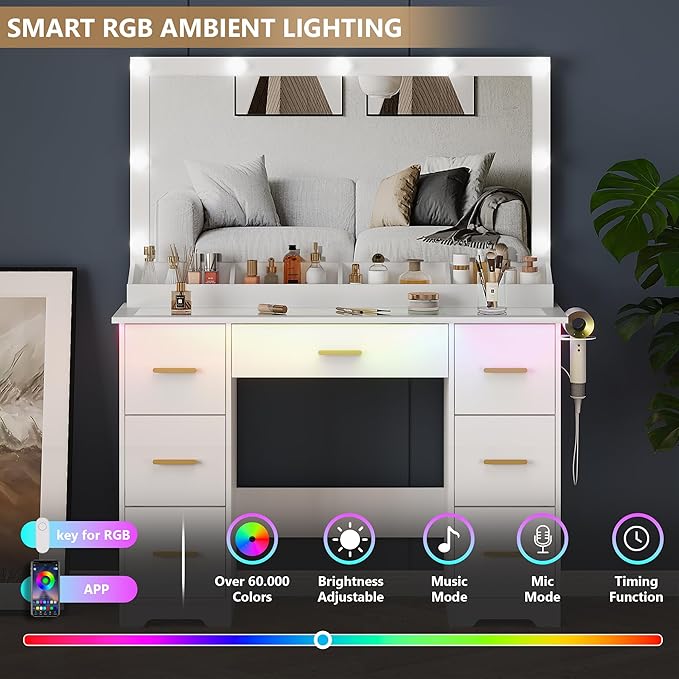 Vanity Desk with 38" Large Mirror and 9 LED Lights, Adults Makeup Vanity with 7 Storage Drawers and Glass Top & Power Outlet and RGB Ambient Lights, Dressing Table for Bedroom, Modern White
