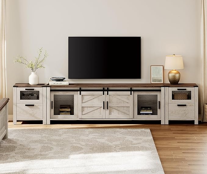 WAMPAT TV Stand Set for 85 inch TV with Charging Station, 3 in 1 Wood Entertainment Center TV Console Table for Living Room, Antique Oak