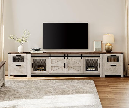 WAMPAT TV Stand Set for 85 inch TV with Charging Station, 3 in 1 Wood Entertainment Center TV Console Table for Living Room, Antique Oak