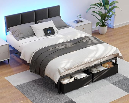 Furnulem Full Size Bed Frame with Headboard,Upholstered Bed Full with LED Light,USB Charging Station,Platform Bedframe with 2 Fabric Underbed Storage Drawers,No Spring Box Needed