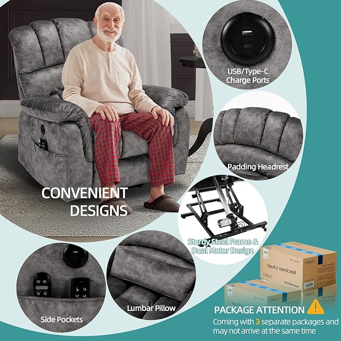 MEETWARM Large Dual Motor Power Lift Chair with Extended Footrest for Big Tall Elderly, Infinite Position Lay Flat Lift Electric Recliner, Heat Massage, Lumbar Pillow, USB & Type-C Ports, Plush Gray