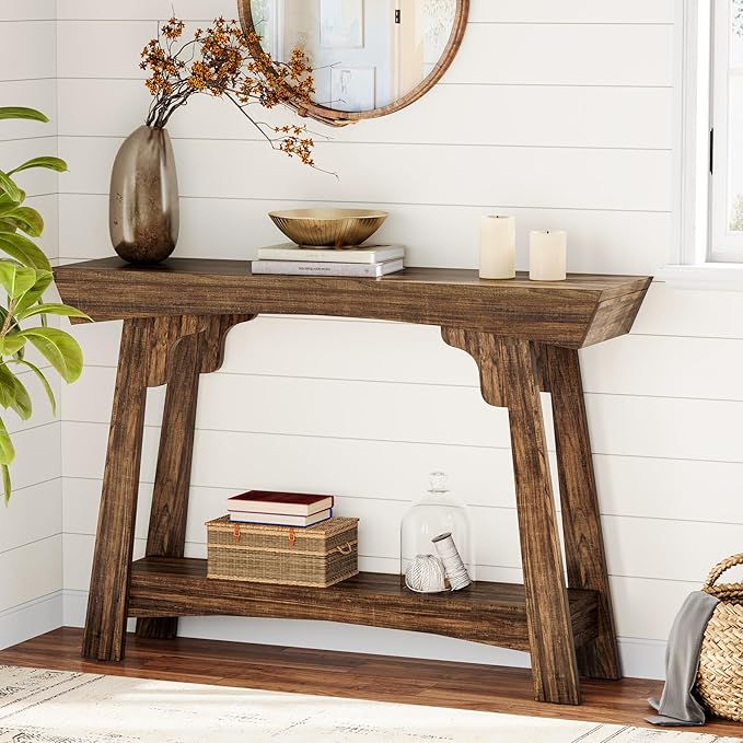 Tribesigns 41.3" Farmhouse Console Table, 2-Tier Small Entryway Table with Storage, Narrow Wooden Sofa Table Behind Couch for Living Room, Foyer, Hallway, Rustic Brown