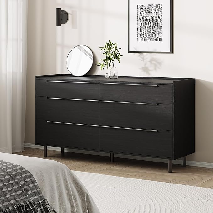 Modern Minimalist 60" Black Dresser for Bedroom, Large 6 Drawer Storage Cabinet with Sleek Metal Handles, Clothes Organizer Chest for Closet, Hallway, or Living Room