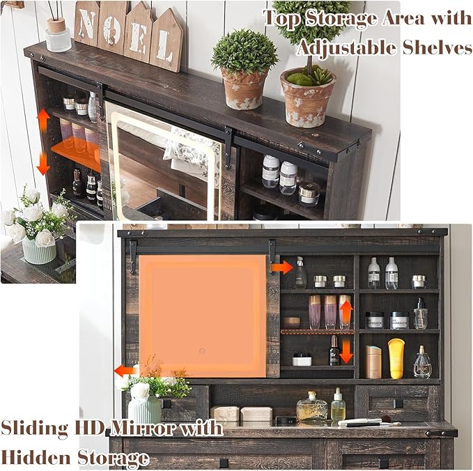 42'' Farmhouse Makeup Vanity Desk with Sliding Mirror and Lights, Glass Tabletop Vanity Table with Barn Door, 4 Drawers & Hidden Shelves, Rustic Big Vanity Women Dressing Table, Dark Oak