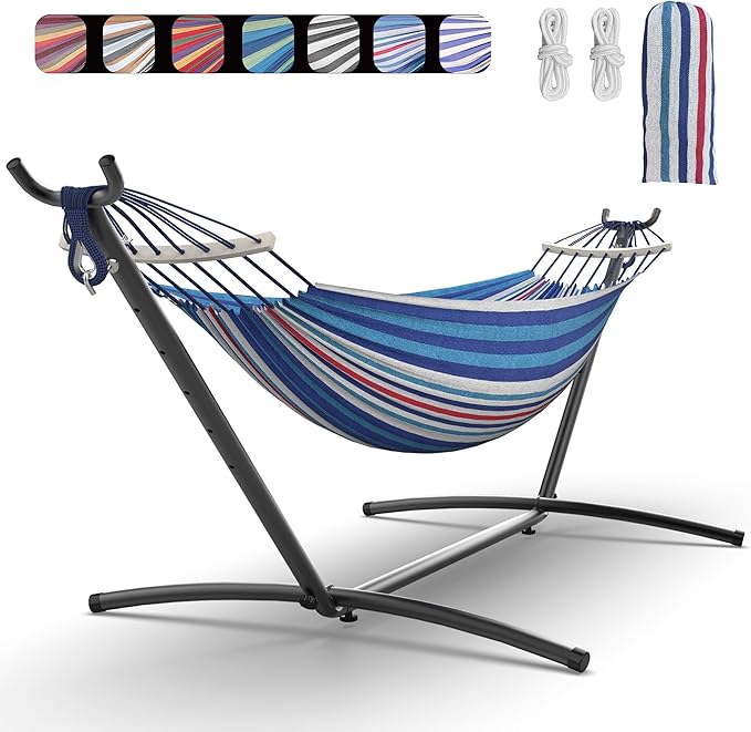 Double Hammock with Heavy-Duty Steel Stand,Portable,Easy Assembly,600lbs Weight Capacity,Suit for Indoor,Yard,Camping,or Outdoor-Fine Blue