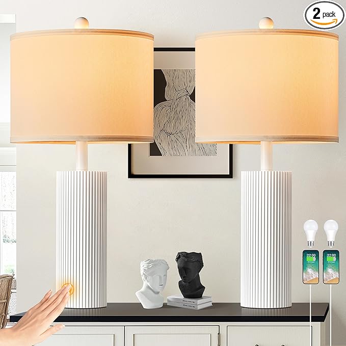 24.5" White Lamps Set of 2, Modern Table Lamps for Living Room with USB C+A Ports, Creative Stripe Touch Lamps for Nightstand, 2 Bulbs Included