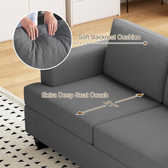 Furnimart 85 inch Grey 3 Seater Couches, Modern Cozy Deep Seat Sofa, Comfy Fluffy Couch for Living Room, Small Couches for Small Space, with Removable Sofa Cover, Dark Grey