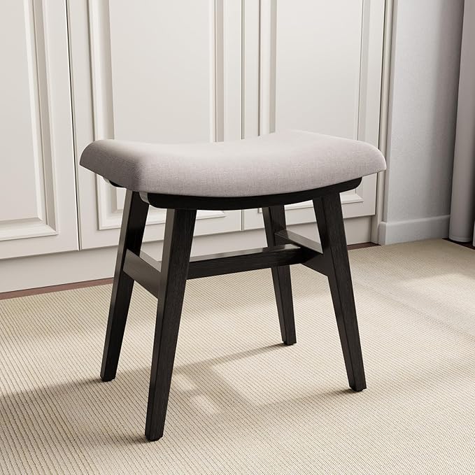 Solid Wood Small Vanity Stool, Compact Makeup Chair with Saddle Cushion, Linen-Covered High Rebound Sponge Seat, Easy Assembly Footstool for Bedroom, Entryway, Home, Black