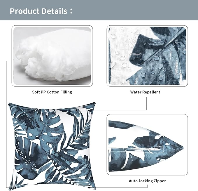 Outdoor Pillows for Patio Furniture 18x18 inch, Square Outdoor Throw Pillows with Inserts, Decorative Toss Pillows for Garden Couch Home Sofa Office Chair, Pack of 2, Palm Blue