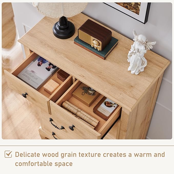 RedLemon 48" Tall Dresser for Bedroom, Modern 6 Drawers Dresser with Vintage Styles Pulls, Wood Rustic Closet Chest of Drawers for Living Room, Hallway, Natural Oak