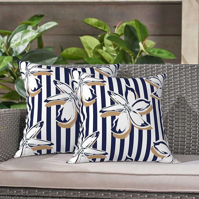 LVTXIII Outdoor/Indoor Throw Pillows, Decorative Throw Pillows with Inserts, 18"x18" Square Pillows for Bed, Couch, Sofa and Patio Furniture, Set of 2, Clemens Cabana Navy