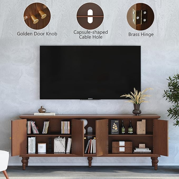 3More 67" Mid Century Modern TV Stand with Window Design,Wood Entertainment Center with Open Shelf,Up to 70" Media TV for Living Room or Bedroom,Walnut