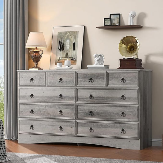 Grey Dresser for Bedroom with 10 Drawers, Large Chest of Drawers Storage Organizer, Long Dresser Storage TV Stand for Living Room, Bedroom, Hallway Taupe Grey