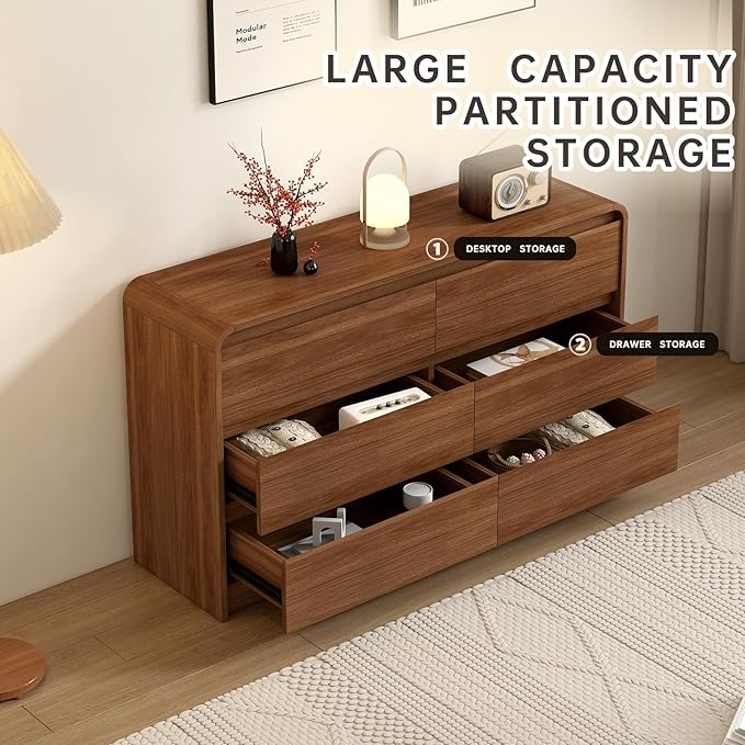 Modern 6 Drawer Dresser, 55-Inch Wood Chest of Drawers, Curved Anti-Collision Design, Mid-Century Storage Cabinet, Pre-Embedded Slots, Natural Texture, for Bedroom, TV Stand (W-55IN)