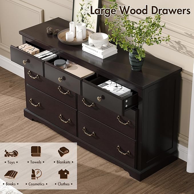 Farmhouse 7 Chest of Drawers for Bedroom, 54" Wide Wood Dresser with Bronze Retro Handles & 3D Drawer Fronts, Closet Dresser for Bedroom, Hallway, Espresso