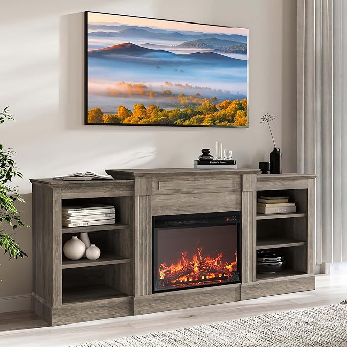 BELLEZE Modern 66" Electric Fireplace Heater Mantel TV Stand & Media Entertainment Center for TVs up to 66" with Energy-Efficient Heater with Sound and Side Shelves - Lenore (Grey)