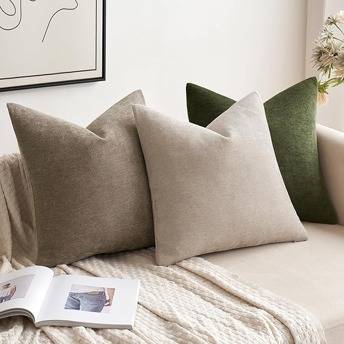 MIULEE Pack of 2 Olive Green Decorative Pillow Covers 20x20 Inch Soft Chenille Couch Throw Pillows Farmhouse Cushion Covers for Home Decor Sofa Bedroom Living Room