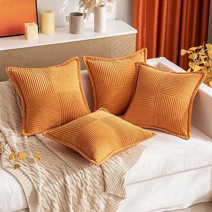 MIULEE Burnt Orange Fall Decorative Throw Pillow Covers for Couch Bed Livingroom 18x18 Inch Set of 2 Boho Accent Throw Pllows Broadside Striped Patchwork Soft Corduroy Pillowcases